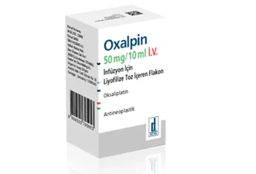 Okzaliplatin içeren flakon: OXALPIN 50 MG/10 ML IV INF. ICIN LIY. TOZ ICEREN 1 FLAKON kutusu. Üretici: DEVA HOLDİNG ANONİM ŞİRKETİ.