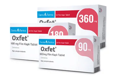 OXFET 180 MG 30 FILM KAPLI TABLET kutu fotoğrafı, film kaplı tablet formunda deferasiroks içerir. Üretici: SANTA FARMA İLAÇ SAN. A.Ş.