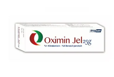 OXIMIN 10 MG/G + 50 MG/G JEL, 25 GR (klindamisin + benzoyl peroksit) ürün ambalajı, jel. Üretici: DROGSAN İLAÇLARI SAN. VE TİC. A.Ş.