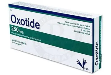 OXOTIDE 250 MCG ENJEKSIYONLUK COZELTI HAZIRLAMAK ICIN TOZ VE COZUCU (1 FLAKON+1 COZUCU) ürün ambalajı. Setroreliks içeren çözelti. Üretici: VEM İLAÇ SAN. VE TİC. ANONİM ŞİRKETİ.