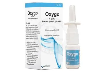 OXYGO %0,05 BURUN SPREYI, COZELTI ambalajı. Oksimetazolin hcl içeren nazal sprey. Üretici: APRİMED İLAÇ VE KİMYASAL ÜRÜNLER SANAYİ TİCARET ANONİM ŞİRKETİ.