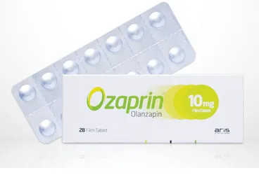 Olanzapin içeren film kaplı tablet: OZAPRIN 10 MG 28 FİLM TABLET ürün ambalajı. Üretici: ALİ RAİF İLAÇ SANAYİ A.Ş.