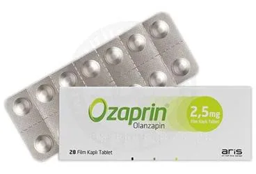 OZAPRIN 2,5 MG FILM KAPLI TABLET (28 TABLET) ambalajı. Olanzapin içeren film kaplı tablet. Üretici: ALİ RAİF İLAÇ SANAYİ A.Ş.