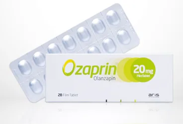Olanzapin içeren film kaplı tablet: OZAPRIN 20 MG 28 FİLM TABLET kutusu. Üretici: ALİ RAİF İLAÇ SANAYİ A.Ş.
