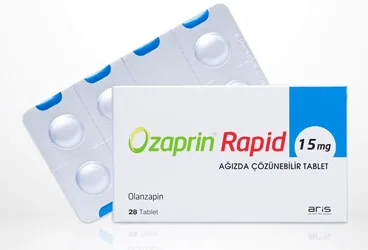 OZAPRIN RAPID 15 MG 28 AGIZDA COZUNEBILIR TABLET ürün ambalajı. Olanzapin içeren tablet. Üretici: ALİ RAİF İLAÇ SANAYİ A.Ş.