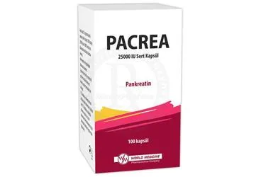 PACREA 25000 IU SERT KAPSUL (pankreatin karışımları) ürün ambalajı, kapsül. Üretici: WORLD MEDICINE İLAÇ SAN. VE TİC. A.Ş.