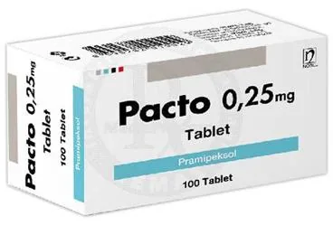 PACTO 0,25 MG 100 TABLET kutusu. Pramipeksol içeren tablet. Üretici: NOBEL İLAÇ PAZARLAMA VE SANAYİİ LTD. ŞTİ.
