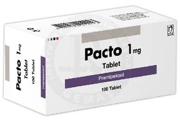 Pramipeksol içeren tablet: PACTO 1 MG 100 TABLET ürün ambalajı. Üretici: NOBEL İLAÇ PAZARLAMA VE SANAYİİ LTD. ŞTİ.