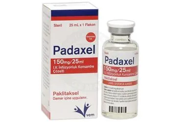 Paklitaksel içeren çözelti: PADAXEL 150 MG/25 ML I.V. INFUZYONLUK KONSANTRE COZELTI (1 FLAKON) kutu fotoğrafı. Üretici: VEM İLAÇ SAN. VE TİC. ANONİM ŞİRKETİ.