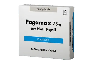 Pregabalin içeren kapsül: PAGAMAX 75 MG 14 SERT JELATIN KAPSUL kutusu. Üretici: NOBEL İLAÇ PAZARLAMA VE SANAYİİ LTD. ŞTİ.