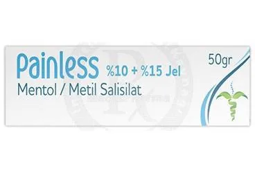 PAINLESS %10+%15 JEL (50 GR) kutu fotoğrafı. Metil salisilat kombinasyonları -topikal içeren jel. Üretici: SGA SAĞLIK HİZMETLERİ DANIŞMANLIK SANAYİ VE TİCARET LİMİTED ŞİRKETİ.