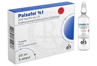 Propofol içeren enjeksiyonluk ürün: PAISOFOL %1 200 MG/ 20 ML IV. ENJEKSIYONLUK / INFUZYONLUK EMULSIYON ürün ambalajı. Üretici: AROMA İLAÇ SAN.LTD.ŞTİ.