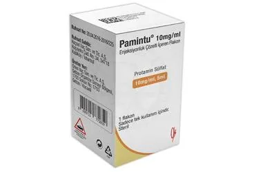 PAMINTU 10 MG/ML ENJEKSIYONLUK COZELTI ICEREN FLAKON ( 5 ML,1 FLAKON) ambalajı. Protamin hcl içeren çözelti. Üretici: KOÇSEL İLAÇ SANAYİ VE TİCARET ANONİM ŞİRKETİ.