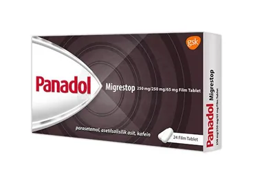 Parasetamol kombinasyon içeren film kaplı tablet: PANADOL MIGRESTOP 250 MG /250 MG /65 MG FILM TABLET ürün ambalajı. Üretici: HALEON TÜKETİCİ SAĞLIĞI ANONİM ŞİRKETİ.