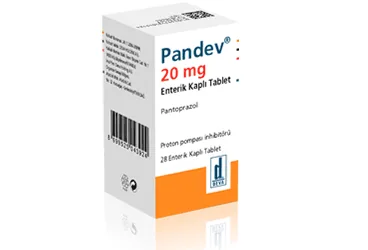 PANDEV 20 MG 28 ENTERİK KAPLI TABLET kutusu, tablet formunda pantoprazol içerir. Üretici: DEVA HOLDİNG ANONİM ŞİRKETİ.