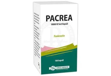 Pankreatin karışımları içeren kapsül: PACREA 10000 IU SERT KAPSUL ürün ambalajı. Üretici: WORLD MEDICINE İLAÇ SAN. VE TİC. A.Ş.