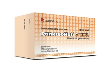 PANKREOFLAT 170 MG/310 MG GRANUL (22X2 G POSET) ürün ambalajı. Etkin maddesi pankreatin karışımları. Üretici: RECORDATİ İLAÇ SANAYİ VE TİCARET ANONİM ŞİRKETİ.