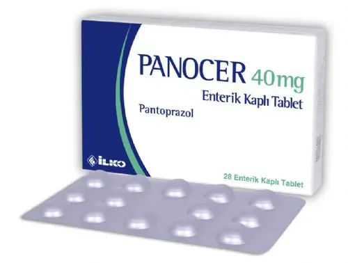 PANOCER 40 MG 28 ENTERIK KAPLI TABLET ambalajı. Pantoprazol içeren tablet. Üretici: İLKO İLAÇ SAN. VE TİC. A.Ş.