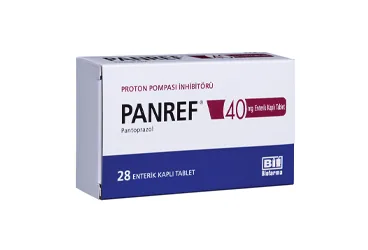 Pantoprazol içeren tablet: PANREF 40 MG 28 ENTERIK KAPLI TABLET kutusu. Üretici: BİOFARMA İLAÇ SANAYİ VE TİCARET A.Ş.