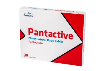 PANTACTIVE 20 MG 28 ENTERIK KAPLI TABLET ambalajı. Pantoprazol içeren tablet. Üretici: HUMANİS SAĞLIK ANONİM ŞİRKETİ.