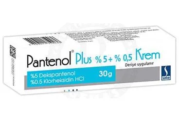 Klorheksidin + dekspantenol -topikal içeren krem: PANTENOL PLUS % 5 + % 0,5 KREM (30 G TÜP) kutusu. Üretici: SABA İLAÇ SANAYİİ VE TİCARET ANONİM ŞİRKETİ.