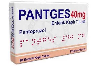PANTGES 40 MG ENTERIK KAPLI TABLET (28 TABLET) ambalajı. Pantoprazol içeren tablet. Üretici: PHARMATRUE SAĞLIK MALZEMELERİ ANONİM ŞİRKETİ.