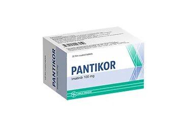 PANTIKOR 100 MG FILM KAPLI TABLET (120 FILM TABLET) kutusu. Imatinib içeren film kaplı tablet. Üretici: WORLD MEDICINE İLAÇ SAN. VE TİC. A.Ş.