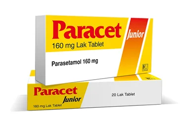 PARACET JUNIOR 160 MG 20 TABLET ürün ambalajı, tablet formunda parasetamol içerir. Üretici: GRİPİN İLAÇ A.Ş.