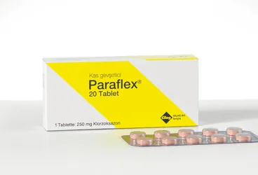 PARAFLEX 250 MG TABLET (20 TABLET) ürün ambalajı. Klorzoksazon içeren tablet. Üretici: GÜREL İLAÇ TİCARET A.Ş.