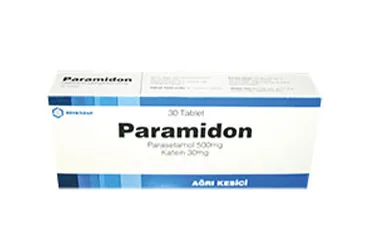 Parasetamol + kafein içeren tablet: PARAMIDON 500 MG 30 TABLET ürün ambalajı. Üretici: İLSAN İLAÇ VE HAMMADDELERİ SANAYİ TİCARET ANONİM ŞİRKETİ.