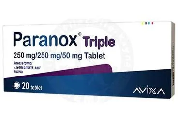 PARANOX TRIPLE 250 MG/250 MG/50 MG TABLET (20 TABLET) kutusu, tablet formunda parasetamol + asetilsalisilik asit + kafein içerir. Üretici: AVİXA İLAÇ SANAYİ VE TİCARET ANONİM ŞİRKETİ.