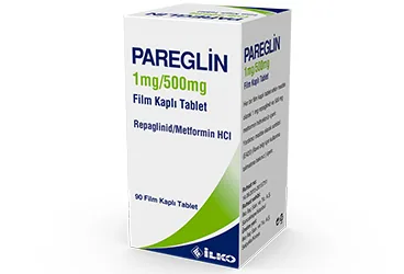 Metformin + repaglinid içeren film kaplı tablet: PAREGLIN 1/500 MG 90 FILM TABLET ambalajı. Üretici: İLKO İLAÇ SAN. VE TİC. A.Ş.