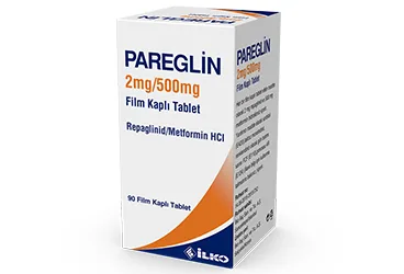 PAREGLIN 2/500 MG 90 FILM TABLET kutusu, film kaplı tablet formunda metformin + repaglinid içerir. Üretici: İLKO İLAÇ SAN. VE TİC. A.Ş.