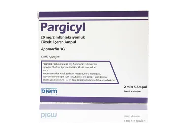 PARGICYL 20 MG/2 ML ENJEKSIYONLUK COZELTI ICEREN AMPUL (5 AMPUL) ürün ambalajı. Apomorfin hcl içeren çözelti. Üretici: BİEM İLAÇ SAN. VE TİC. A.Ş.