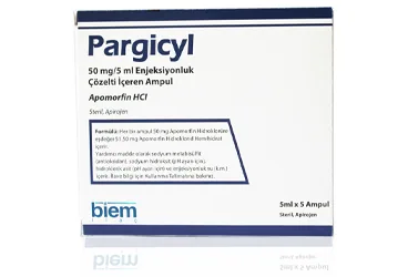 PARGICYL 50 MG/5 ML ENJ. COZELTI ICEREN AMPUL (5 AMPUL) (apomorfin hcl) ürün ambalajı, çözelti. Üretici: BİEM İLAÇ SAN. VE TİC. A.Ş.