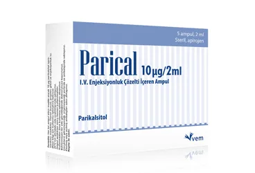PARICAL 10 MCG/2 ML IV ENJEKSIYONLUK COZELTI ICEREN 5 AMPUL kutu fotoğrafı. Parikalsitol içeren çözelti. Üretici: VEM İLAÇ SAN. VE TİC. ANONİM ŞİRKETİ.