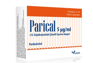 PARICAL 5 MCG/ML IV ENJEKSIYONLUK COZELTI ICEREN AMPUL 1 ML 5 AMPUL (parikalsitol) ürün ambalajı, çözelti. Üretici: VEM İLAÇ SAN. VE TİC. ANONİM ŞİRKETİ.