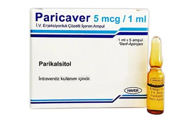 PARICAVER 5 MCG/1 ML IV ENJEKSIYONLUK COZELTI ICEREN AMPUL (5 AMPUL) ambalajı. Parikalsitol içeren çözelti. Üretici: HAVER FARMA İLAÇ ANONİM ŞİRKETİ.