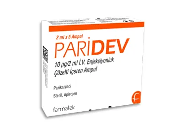 Parikalsitol içeren çözelti: PARIDEV 10 MCG/2 ML IV ENJEKSIYONLUK COZELTI ICEREN AMPUL 2 ML 5 AMPUL kutusu. Üretici: FARMA-TEK İLAÇ SANAYİ VE TİCARET A.Ş.