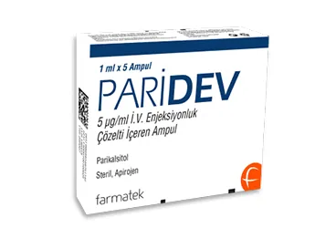 PARIDEV 5 MCG/ML IV ENJEKSIYONLUK COZELTI ICEREN AMPUL 1 ML 5 AMPUL (parikalsitol) ambalajı, çözelti. Üretici: FARMA-TEK İLAÇ SANAYİ VE TİCARET A.Ş.