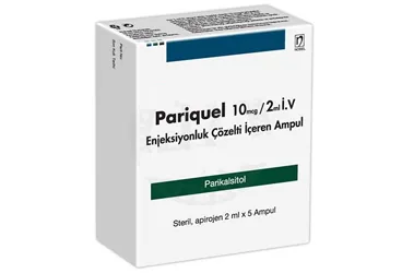 PARIQUEL 10 MCG/2ML IV ENJEKSIYONLUK COZELTI ICEREN AMPUL 5 AMPUL ürün ambalajı. Parikalsitol içeren çözelti. Üretici: NOBEL İLAÇ SAN. VE TİC. A.Ş.