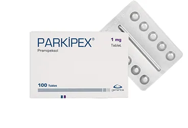 Pramipeksol içeren tablet: PARKIPEX 1 MG 100 TABLET ambalajı. Üretici: GENVEON İLAÇ SANAYİ VE TİCARET ANONİM ŞİRKETİ.