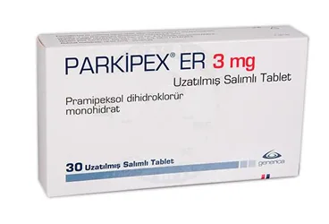 PARKIPEX ER 3 MG UZATILMIS SALIMLI 30 TABLET ambalajı, tablet formunda pramipeksol içerir. Üretici: GENVEON İLAÇ SANAYİ VE TİCARET ANONİM ŞİRKETİ.