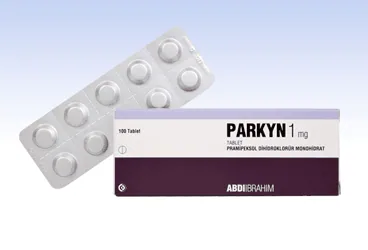 PARKYN 1 MG 100 TABLET kutu fotoğrafı, tablet formunda pramipeksol içerir. Üretici: ABDİ İBRAHİM İLAÇ SANAYİ VE TİCARET A.Ş.