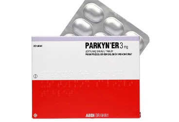 Pramipeksol içeren tablet: PARKYN ER 3 MG UZATILMIS SALIMLI TABLET (30 TABLET) ambalajı. Üretici: ABDİ İBRAHİM İLAÇ SANAYİ VE TİCARET A.Ş.