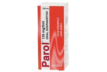PAROL 120 MG/5 ML 150 ML ORAL SÜSPANSİYON ambalajı. Parasetamol içeren oral süspansiyon. Üretici: ATABAY KİMYA SANAYİ VE TİC. A.Ş.