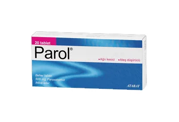 PAROL 500 MG 20 TABLET ambalajı, tablet formunda parasetamol içerir. Üretici: ATABAY KİMYA SANAYİ VE TİC. A.Ş.