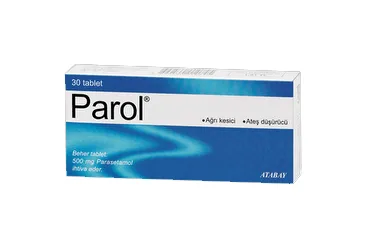PAROL 500 MG 30 TABLET kutu fotoğrafı, tablet formunda parasetamol içerir. Üretici: ATABAY KİMYA SANAYİ VE TİC. A.Ş.