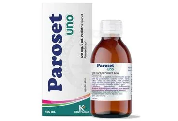Parasetamol içeren şurup: PAROSET UNO 120 MG/5 ML PEDIATRIK SURUP (150 ML) ürün ambalajı. Üretici: KENTFARMA İLAÇ ANONİM ŞİRKETİ.