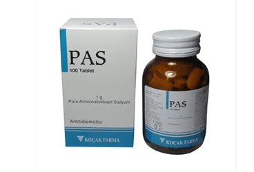 PAS 1 GR 100 TABLET (para-aminosalisilik asit) kutusu, tablet. Üretici: KOÇAK FARMA İLAÇ VE KİMYA SANAYİ A.Ş.